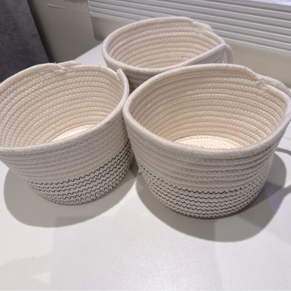 Set of 3 white fabric Baskets with black design and hoop for hanging